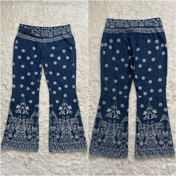 Free People We The Free Pants Journey Flare Jeans Belted Printed Retro Blue 27 - Picture 4 of 12